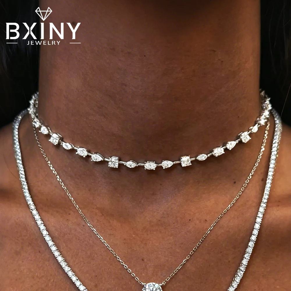 BXINY Multi-Cut All Moissanite Adjustable Tennis Choker Necklace S925 Silver Certified Diamond Chain for Women Fine Jewelry Gift