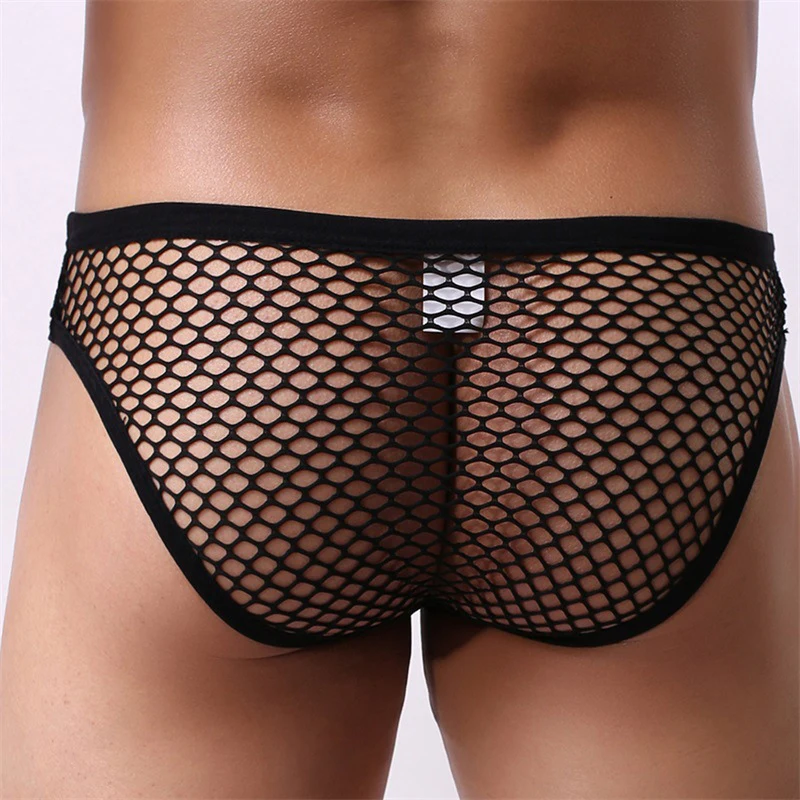 Men Mesh Fishnet Hollow Out Trunks Brief Sexy Low Rise Beachwear Swimwear Breathable See ThroughPouch Underpants Male Underwear