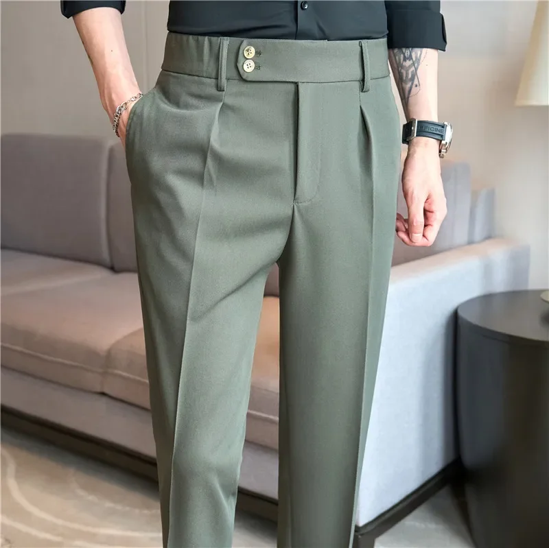 Men High Waist Dress Pants British Style 2024 Autumn Solid Color Casual Trousers Slim Fit Formal Suit Pants Fashion Men Clothing