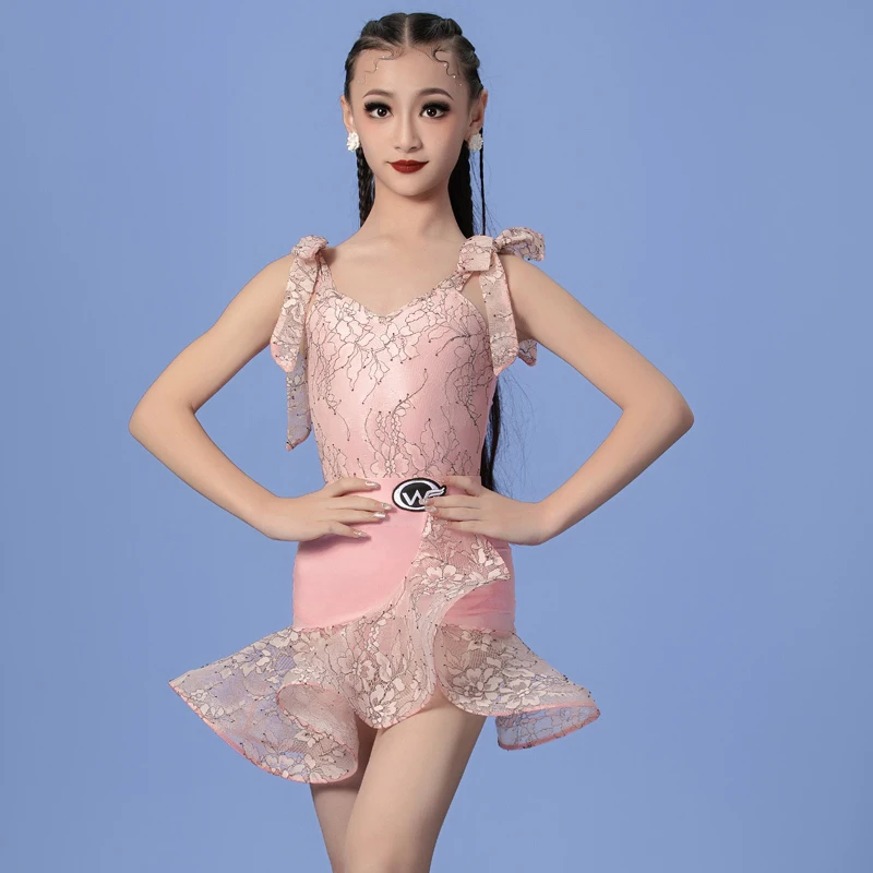 

2025 New Girls Latin Dance Dress Children's Tango Samba Dancing Performance Practice Clothing Pink Lace Sling Stage Set XH2136