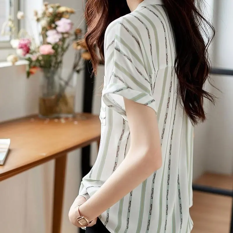 Office Lady Striped Pockets Patchwork Shirt Summer Short Sleeve Elegant V-Neck Single-breasted Female Clothing Chiffon Blouse