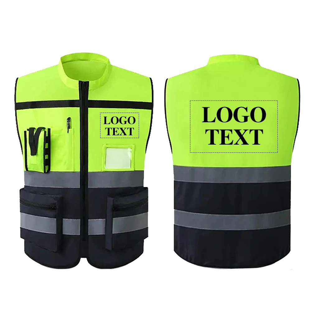 Man Working Clothes Safety Vest Hi Vis Workwear Multi Pockets Construction Work High Visibility Reflective Fluorescent Vest