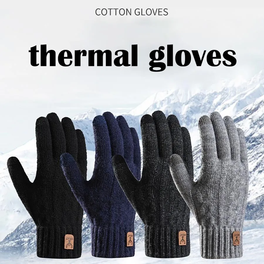 New Men's Warm Gloves For Winter Touch Screen Plus Velvet Thickened Cold-Proof And Warm Wool Knitted Gloves