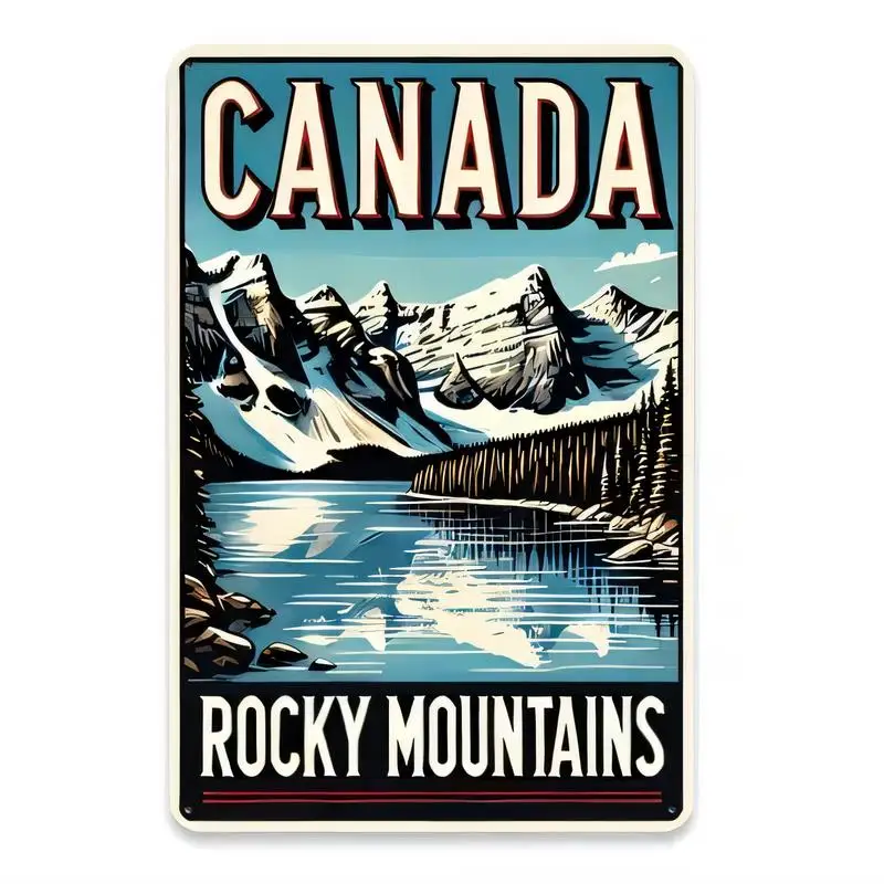 Vintage Metal Tin Sign - Canada Rocky Mountains (Snowy Peaks, Lake, Forest) Retro Wall Art, Blue/White Design, Iron Material - f