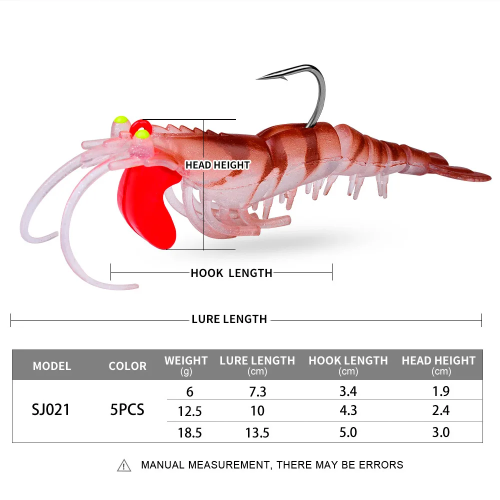 【5pcs】Glow in the Dark 5-Section Soft Shrimp Lure with Lead Head 7.3cm 10cm 13.5cm Fishing Bait