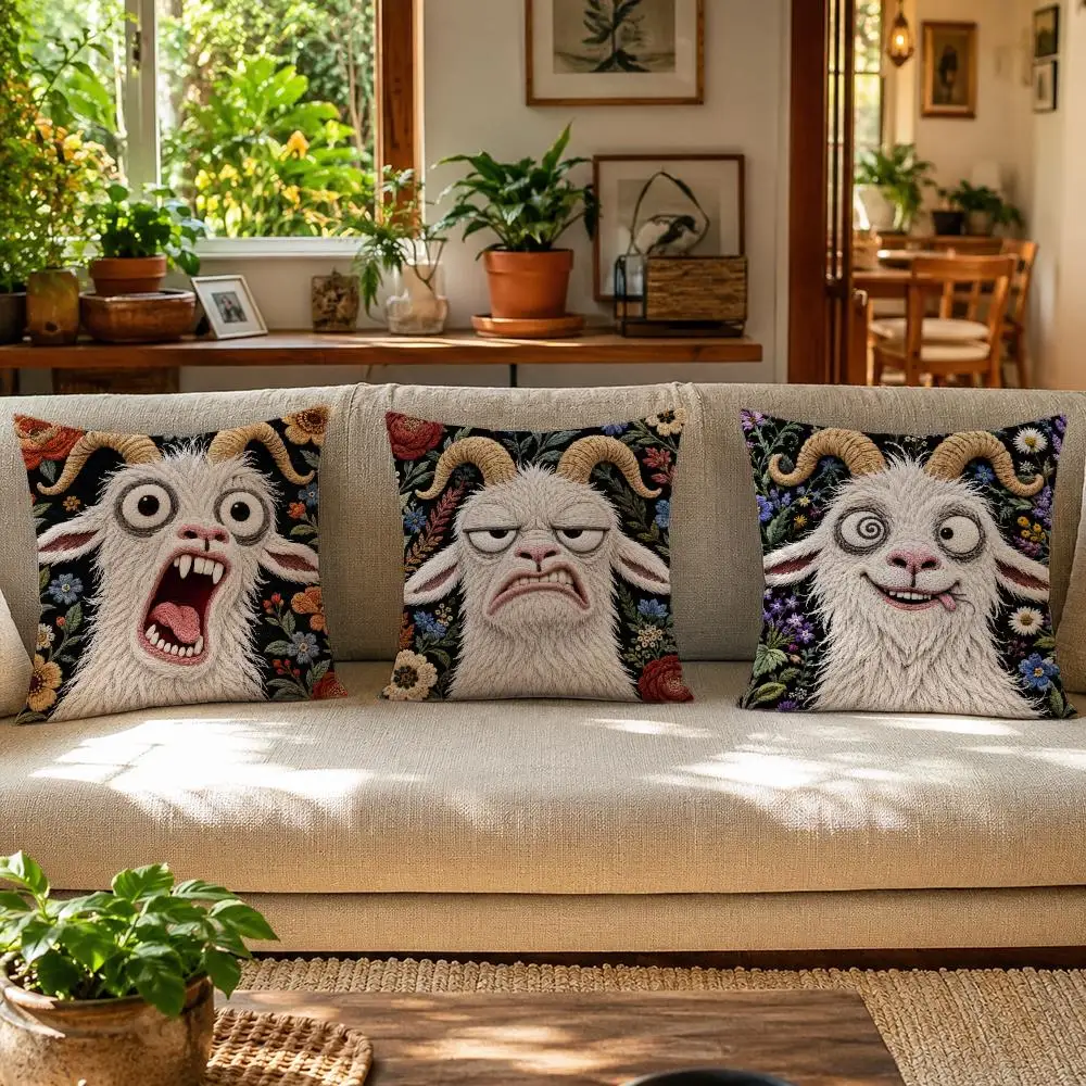 Funny Screaming Goat Cushion Cover Skin-Friendly Organic Linen Pillow Cover Durable Hypoallergenic Washable Soft