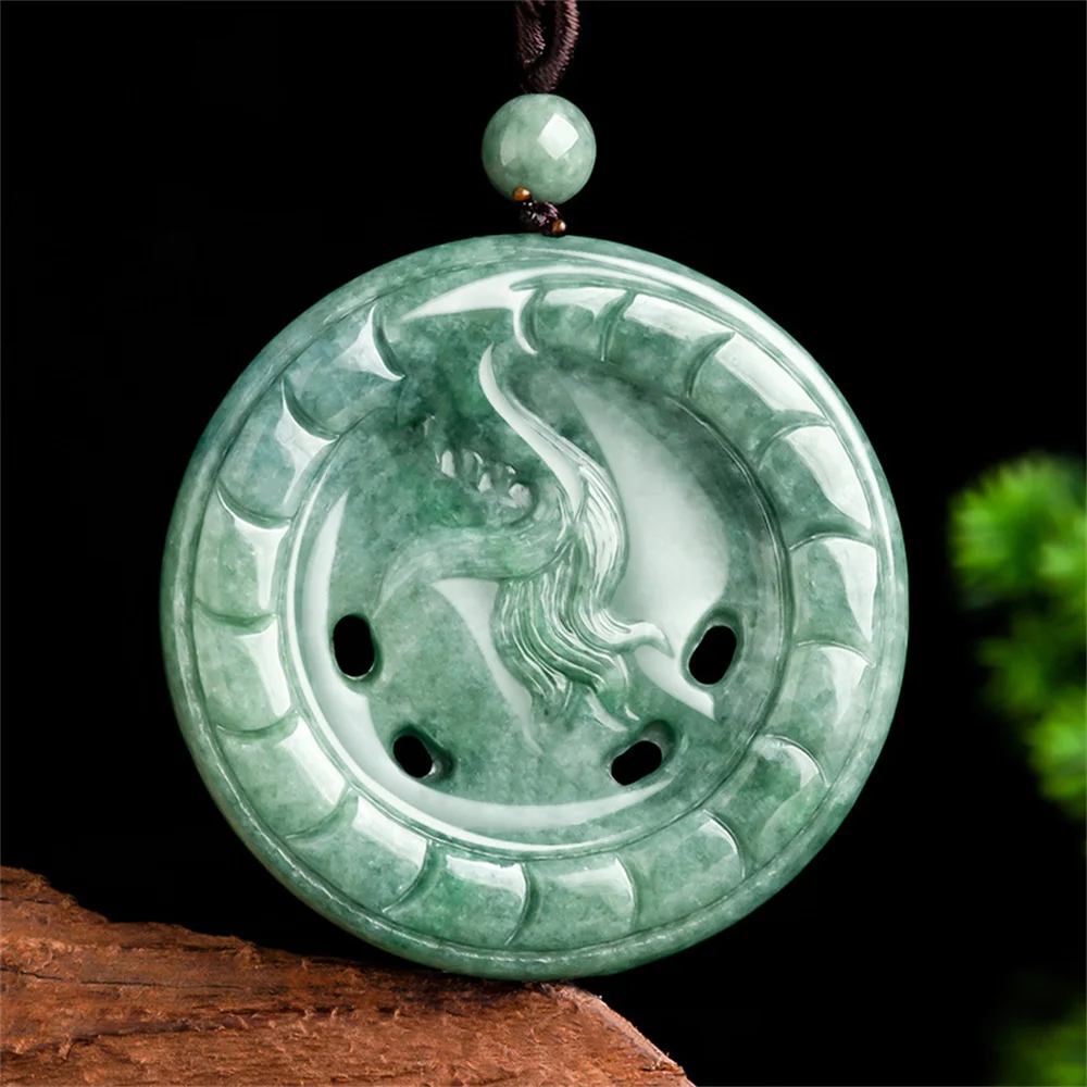 Trendy Natural Green Jadeite Carved Dragon Head Hollow Lucky Pendant Amulet Necklace Certificate Luxury Jade Vintage Jewelry