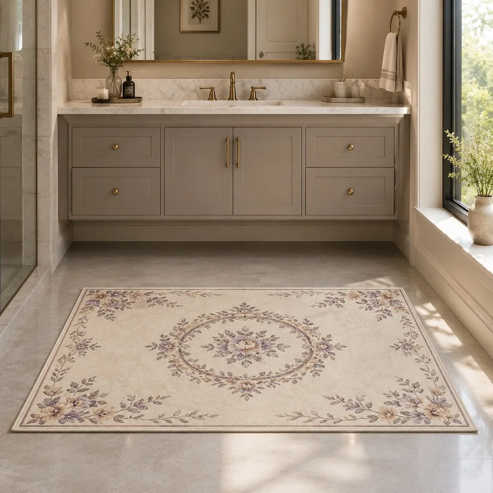 VIKAMA Living Room Rug Beige Moroccan Floral Wreath Machine Washable Bedroom Dining Room Balcony Front Door Modern Home Decor