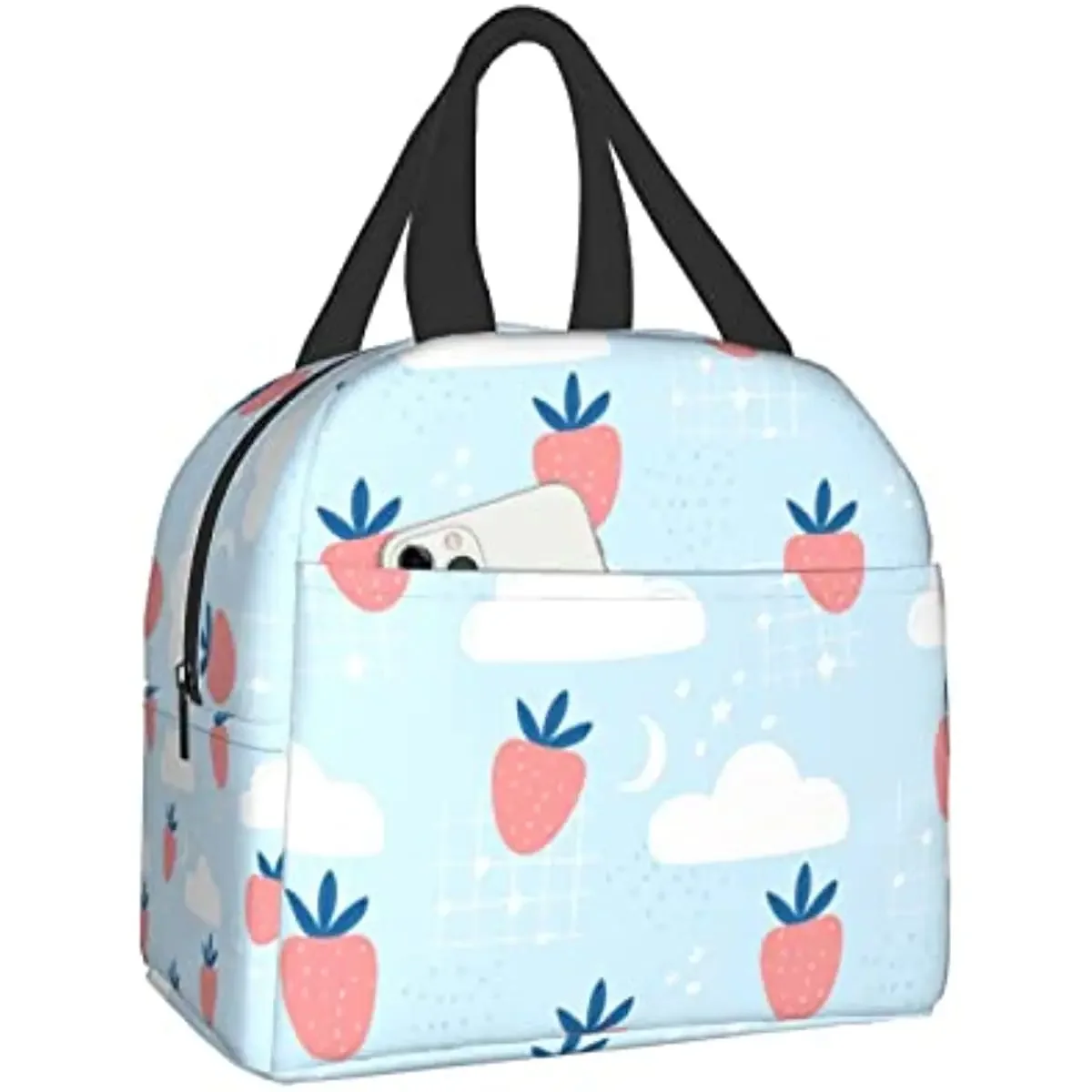 Cute Strawberries and Clouds, Moon and Stars Lunch Bag Reusable Lunch Box, Reusable Insulated Container, Shopping Bag