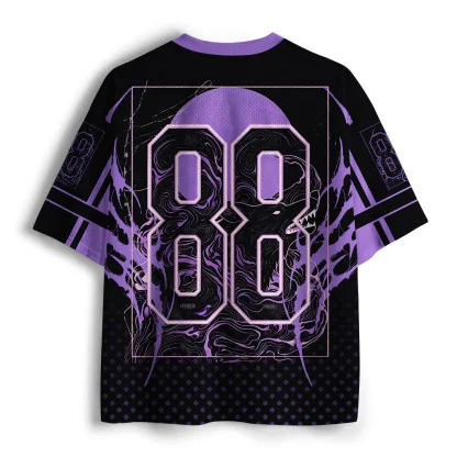 Mesh V Neck Short Sleeve Jersey, Anime Girl Black Wolf Japanese Print Tee, Punk Streetwear Loose Breathable Sports Top