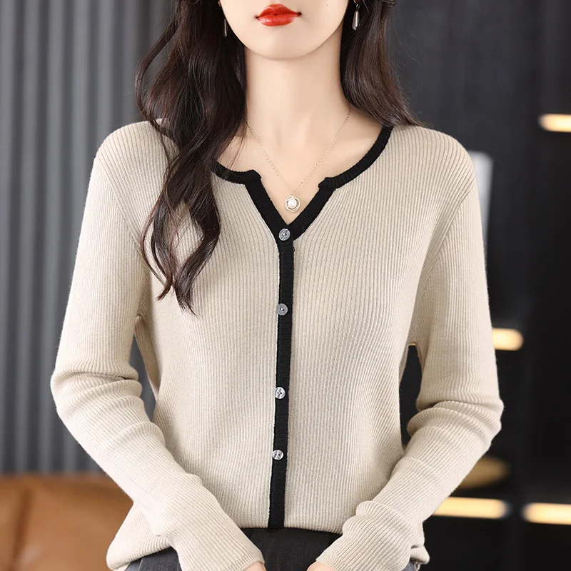 Women Fine Wool Blend Sweater Slim V-neck Cardigan Autumn Winter Female Casual Knitted Splicing Coat Comfortable Bottoming Tops
