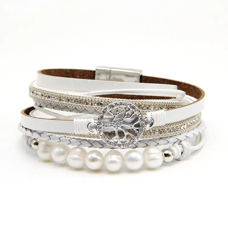 WYBU 7 Colors Tree Of Life Leather Bracelet For Women Alloy Magnetic Clasp Pearl Multilayer Wrap Fashion Women Bangle Jewelry