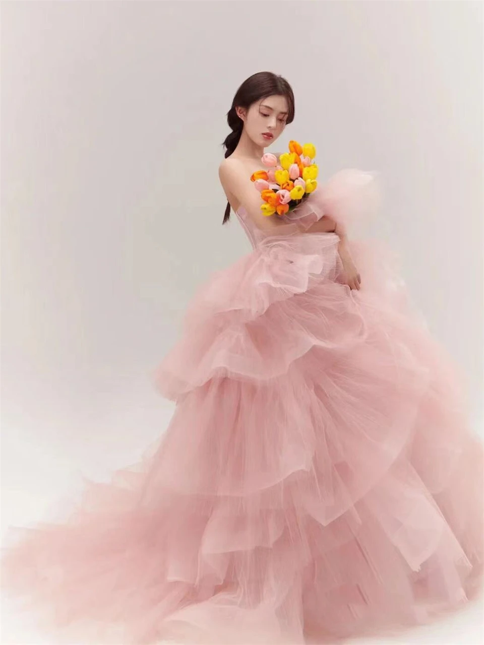 Modern Pink Strapless Boat Neck Tulle Tiered Ball Gown Evening Dresses For Women 2024 Prom Dresses Birthday Party Dress