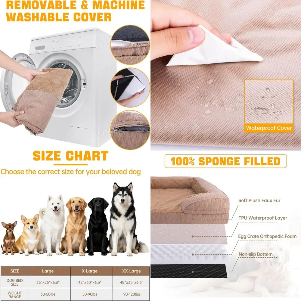 

Ортопедическая лежанка для собак XL - 42x30, водонепроницаемая, с пеной Egg Crate, со съемным чехлом, нескользящим основанием, идеально подходит для гостиной, коричневая