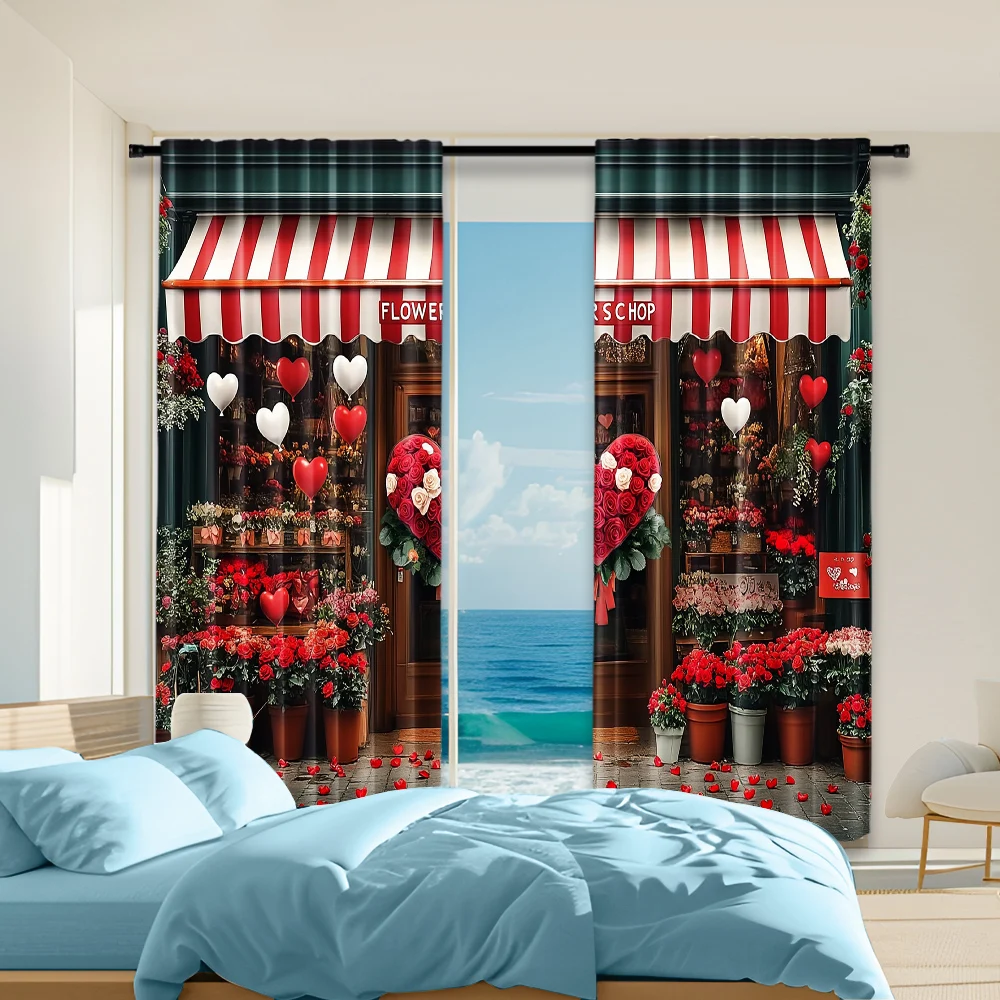 

2 pcs, versatile polyester transparent curtains for home decoration Valentine's Day Flower Shop for use in bedrooms and living