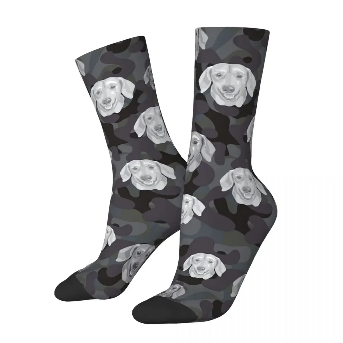 

Smiling Dachshund Dog Face And Camo Pattern Socks Harajuku High Quality Stockings All Season Long Socks for Man's Woman's Gifts