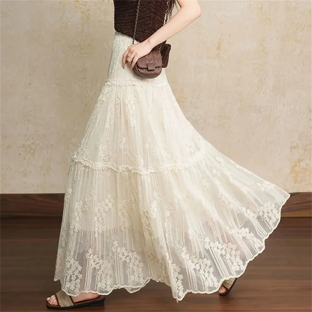 

Sweet Romantic Floral Embroidered Lace Mesh Midi Skirt 2026 Women Elegant High Waist A-line Flared Spring Summer Skirts Office