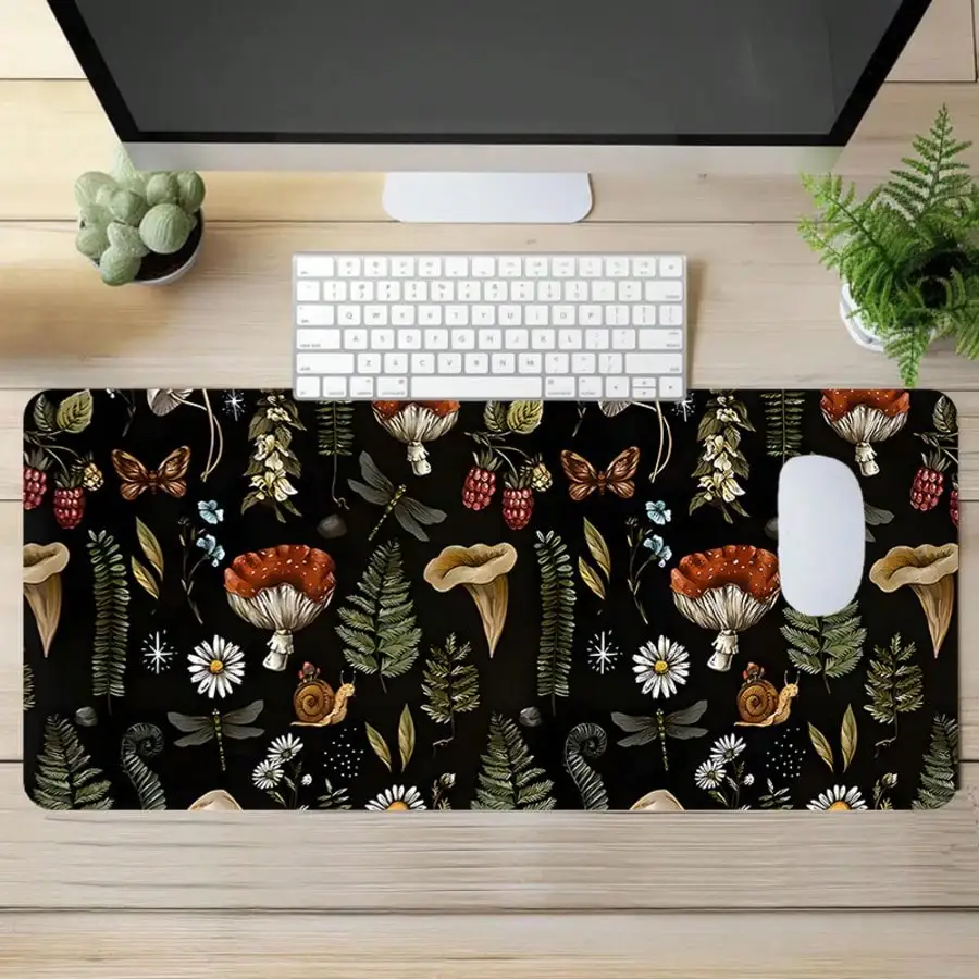 1pc Extra Large Vintage Forest Mushroom Insect Plant Pattern Mouse Pad, Soft Cloth Material With Anti-Slip Rubber Base And Stitched Edges. Dark Background