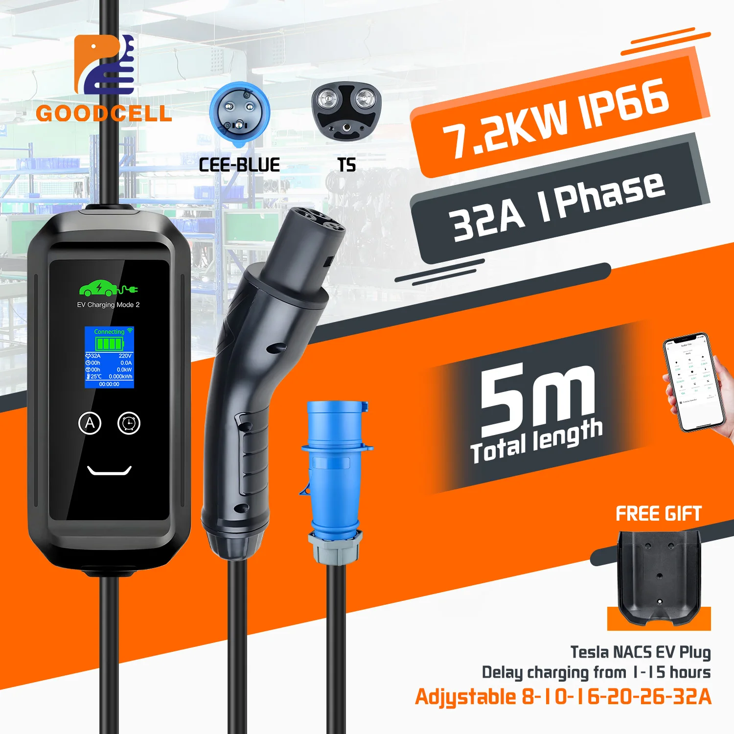 MUST-HAVE! GOODCELL NACS EV Charger 32A 7.2KW - Total length 5m, 1Phase EVSE Wallbox Portable Design & NACS Plug