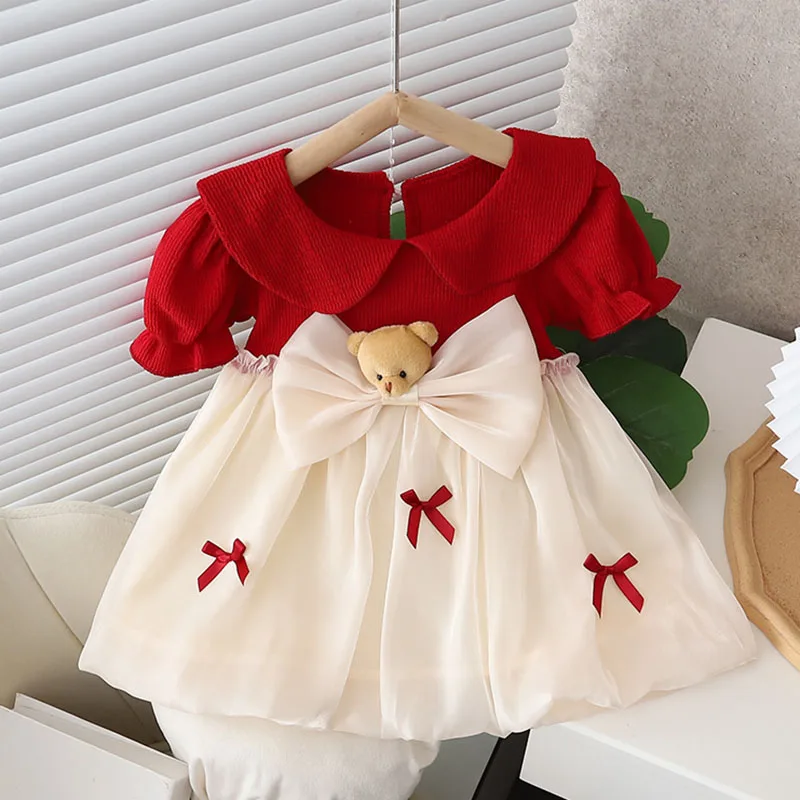 Summer Baby Girl Dress Puff Sleeve Birthday Costume Doll Collar Cute Princess Dress Kid Girl Clothes Bow Bear Child Skirt A1349
