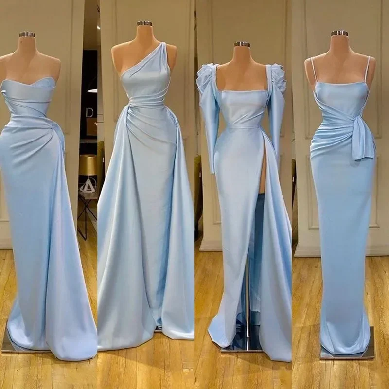 Vestidos de dama de honra azul claro, Vestido de noiva doce sereia, Long Satin Split, Cintura fina, Estilos mistos