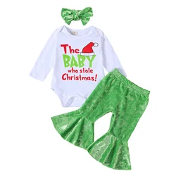 Baby Girls 3PCS Pants Sets Long Sleeve Letter Print Romper Plush Flared Pants Headband Sets