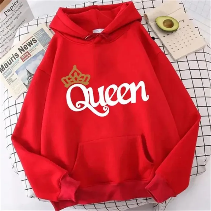 Women Pink Hooded Hoodie QUEEN Fleece Sweatshirts Cute Printing Sweater for Teenager Girls Sport Casual Pullover Top