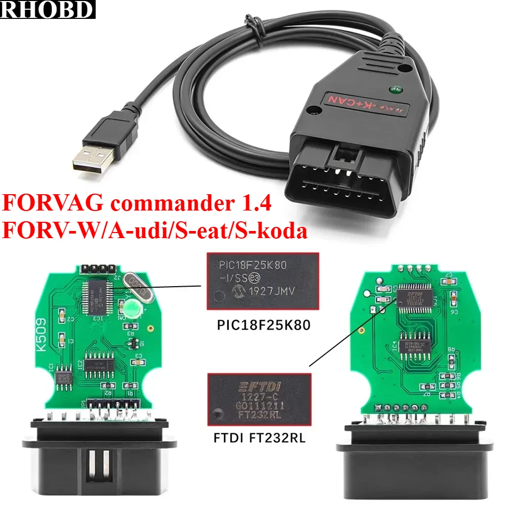 FORVAG K+CAN Commander 1.4 Cable with FTDI FT232RL PIC18F25K80 Chip OBD2 Car Diagnostic Scanner Tools for VW/Audi for Skoda