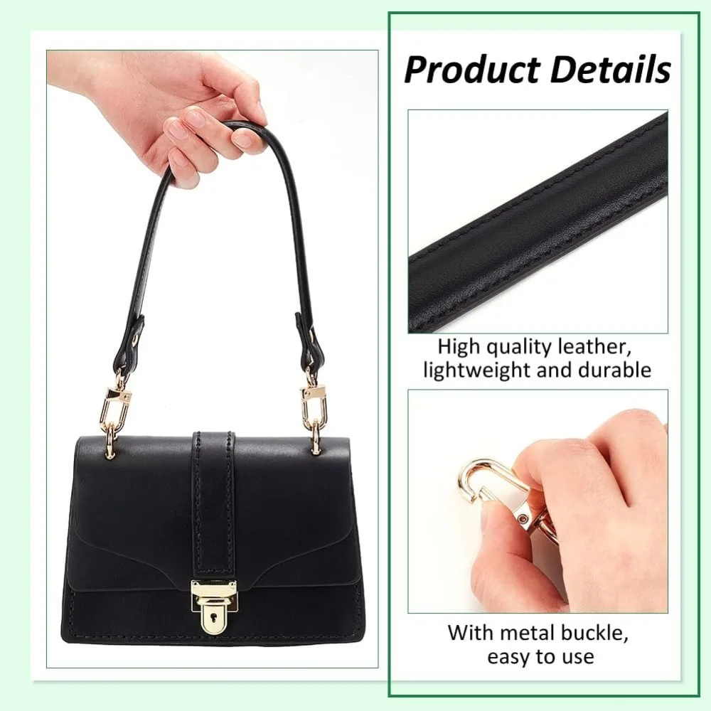 Black Genuine Leather Purse Strap 45cm/ 17.7inch Short Bag Strap Bag Handle Replacement Leather Straps with Alloy Clasps