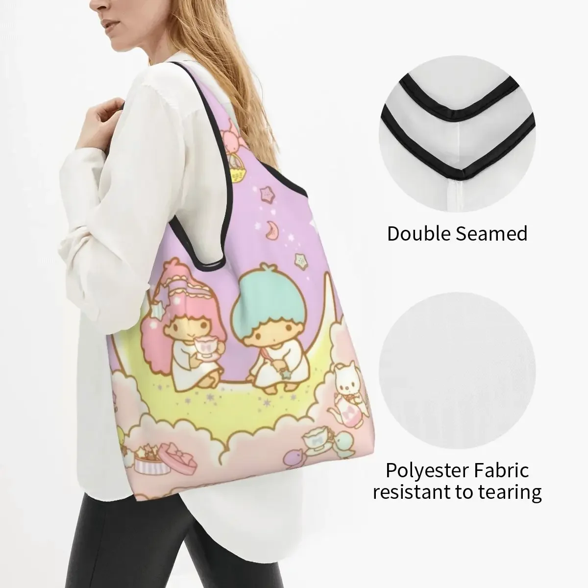 Custom Recycling Little Twin Stars Sanrio Cartoon Kiki Lala Shopping Bag Women Tote Bag Portable Grocery Shopper Bags