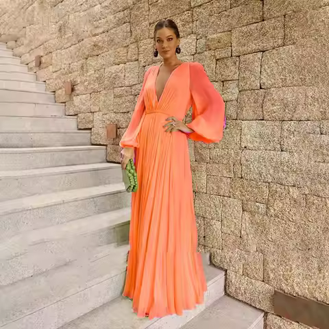 Lily Bright Green Chiffon Evening Dresses Deep V Neck Long Sleeve Prom Dress Floor Length Pleats Formal Evening Gown Customized