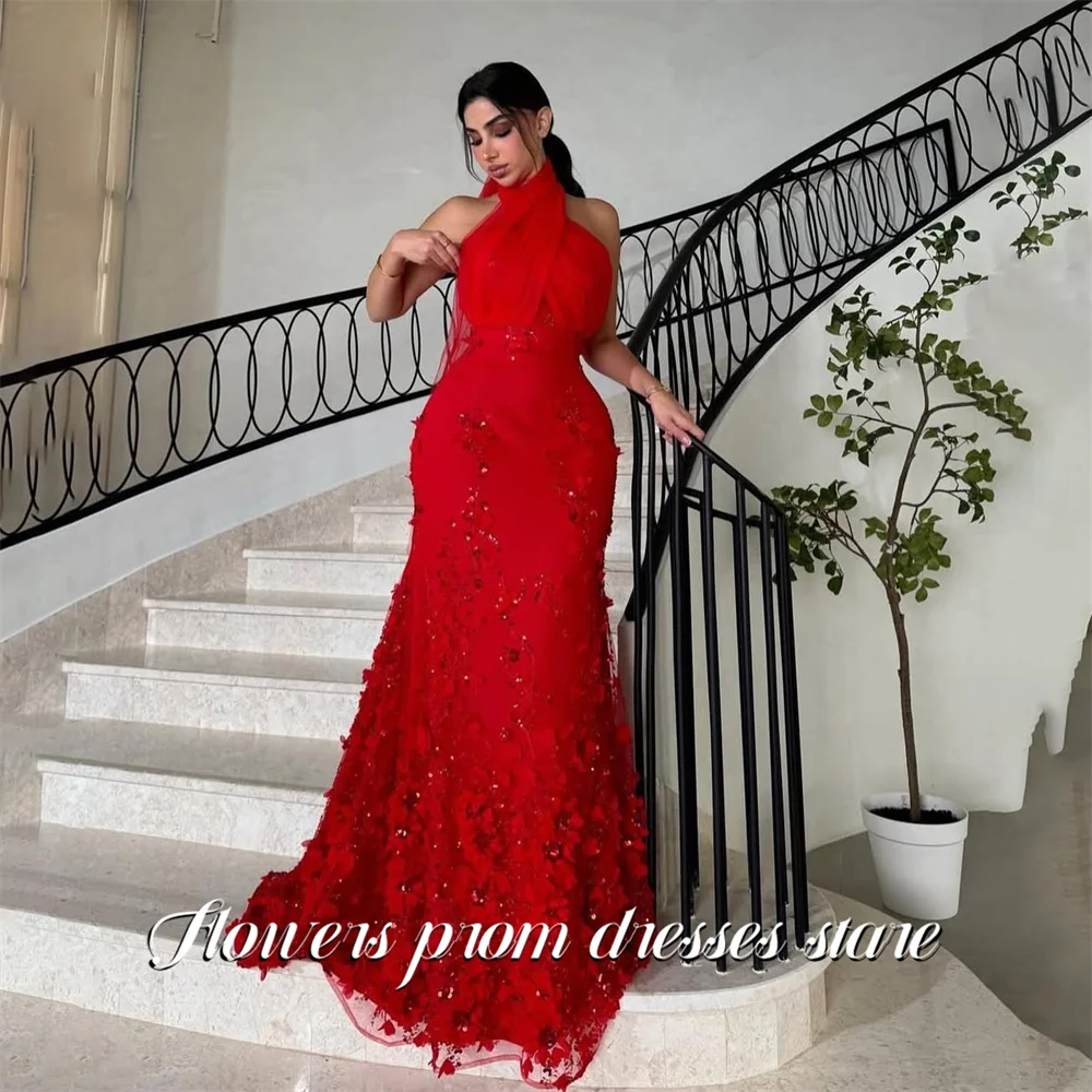 

Flowers Red Evening Gown Halter Neck Prom Dress with 3D Floral and Beaded Evening Dress Tulle Train robes de soirée Customized