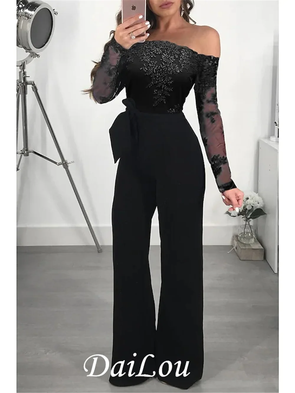 

Jumpsuits Elegant Rompers Wedding Guest Formal Evening Dress Off Shoulder Long Sleeve Floor Length with Lace Insert Pure Color