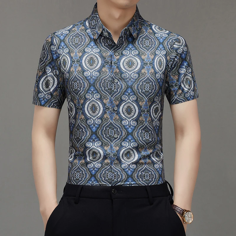 

High End Men Silk Dress Shirt Summer 2025 Fashion Printing Clothes Male No Trace Shirts Short Sleeve Anti- Wrinkle Tops