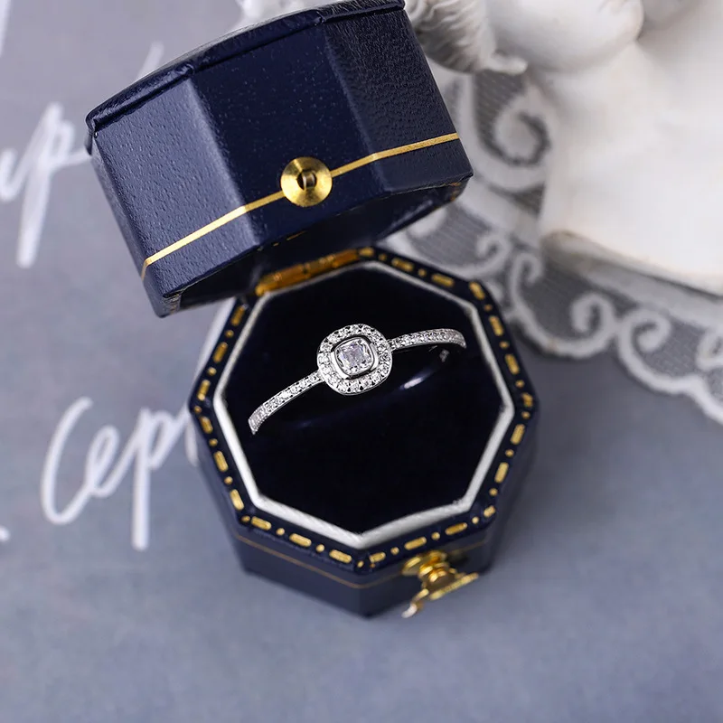 Delicate Four-Pronged Square Round Geometric Couple Ring For Women 100% Original Sterling Silver Valentine\'s Day Gift Jewelry