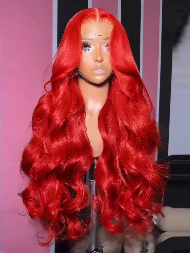 

30 34 Inches Hot Red Colored 13x6 HD 200% Body Water Wave Lace Front Human Hair Wigs Brazilian 13x4 Lace Frontal Remy Hair Wig