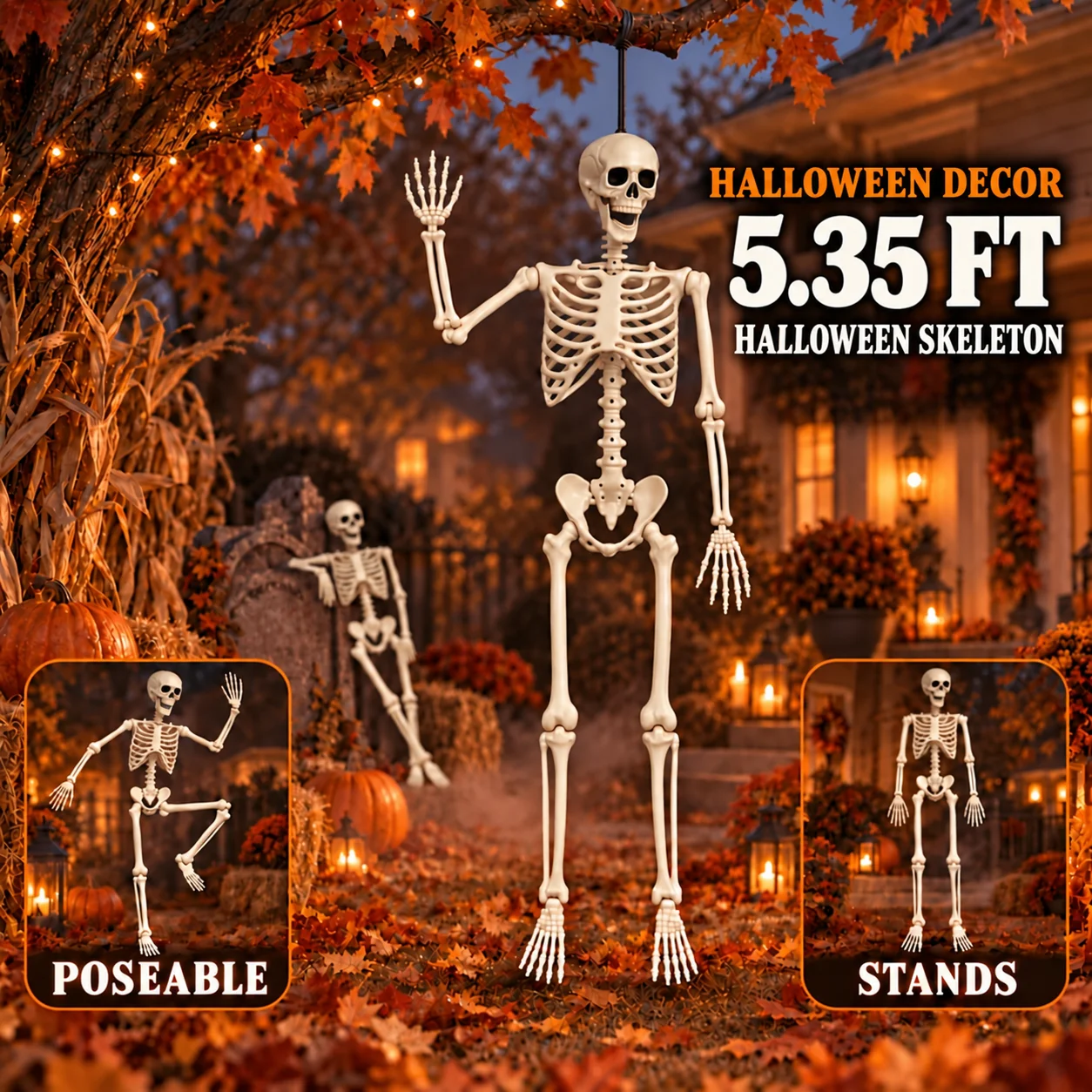 1pc Giant Life-Size Full Body Adult Skeleton - Realistic Poseable Plastic Human Bones with Movable Joints & Detachable Suitable for Halloween Haunted House Decor, Training, Themed Parties, Bar Decorations - Outdoor/ Prop