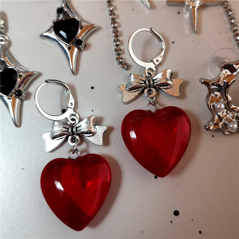 Vintage Gothic Y2K Red Crystal Glass Heart Bowknot Moon Star Pendant Earrings Women Charms Aesthetic Punk Jewelry Accessories