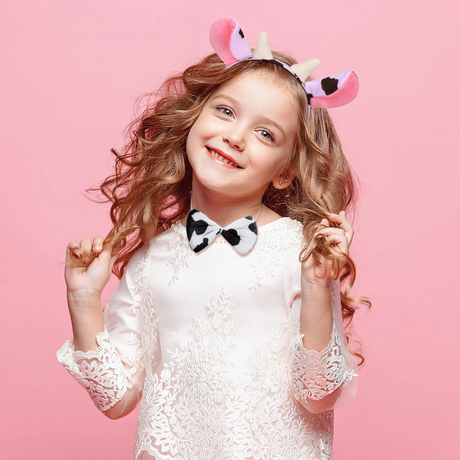 어린이를위한 3pcs 암소 귀 머리띠 꼬리 나비 넥타이 세트 할로윈 의상 파티 멋진 드레스 가장 무도회 카니발 코스프레 액세서리