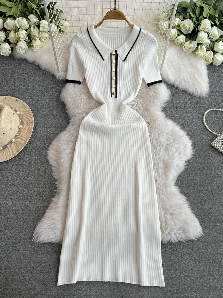 OCEANLOVE Knitted Spring Summer Long Dresses Contrast Color Fashion Vintage Sexy Vestidos Elegant Stripes Buttons Women Dress