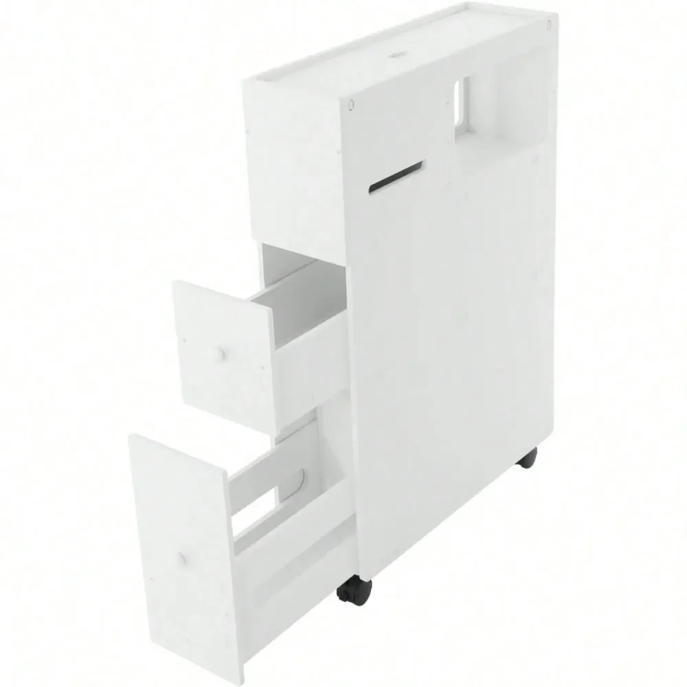 

Slim Bathroom Storage Cabinet, Narrow Cabinet With Drawer And Wheel,2 Drawers Toilet Slim Floor Cabinet For Bathroom,White