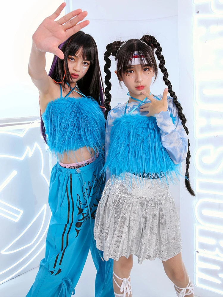 Fashion Jazz Dance Costume Blue Feather Vest Pants Girls Sequin Skirt Hip Hop Performance Clothing Concert Stage Wear BL13211