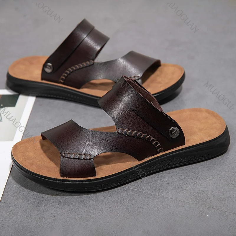 Simple Men's Sandals Summer Slip On Classic Beach Vacation Shoes For Male Flats Leather Adjustable Sandals Retro Roman Slippers