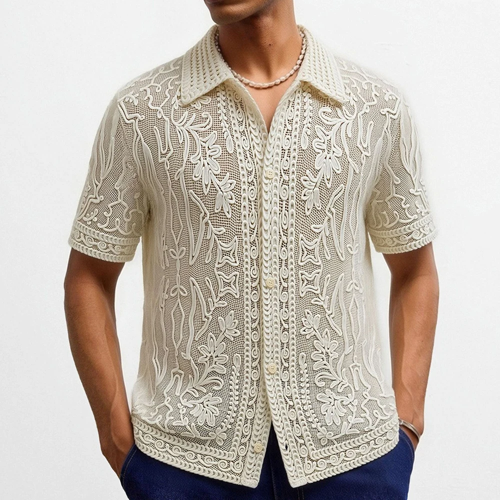 Mens Hollowed Out Jacquard Embossed Knit Sweater Fashion Youth Niche Party Versatile Short Sleeve Polo Shirt Men'S Clothing 2026
