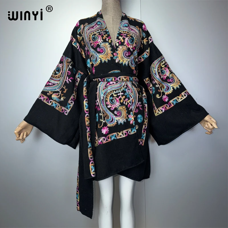 WINYI retro embroidery cardigan Africa muslim women clothes  coats abaya poncho for women cape dress with belt holiday kaftan