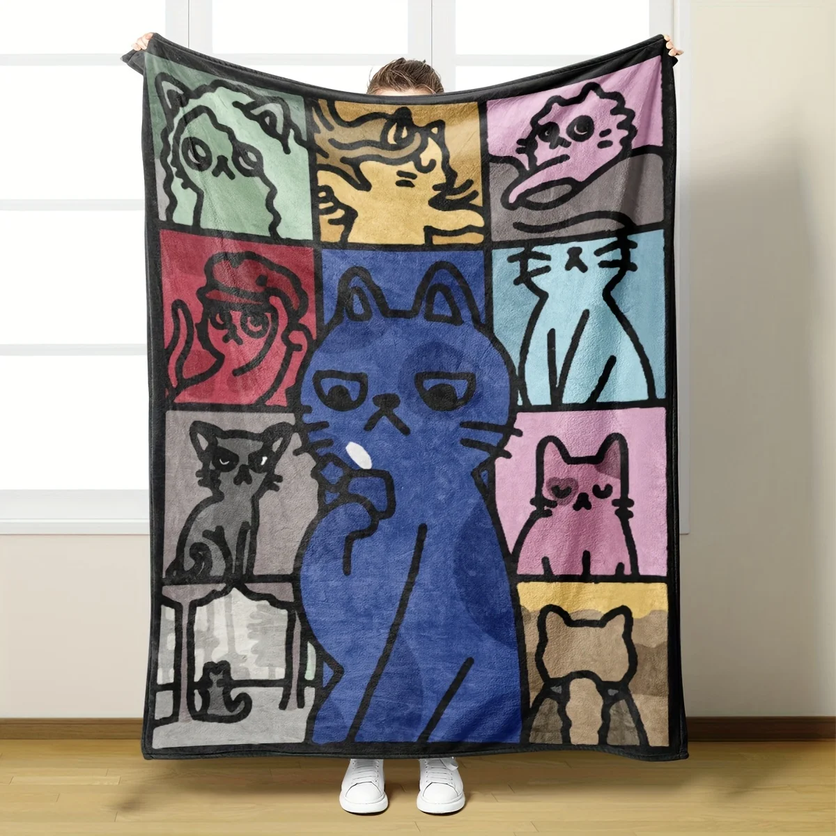 Funny Artistic Style Cat Printed Blanket, Loose and Oversized Personalized Cartoon Nap Blanket, Home Leisure Decoration Blanket