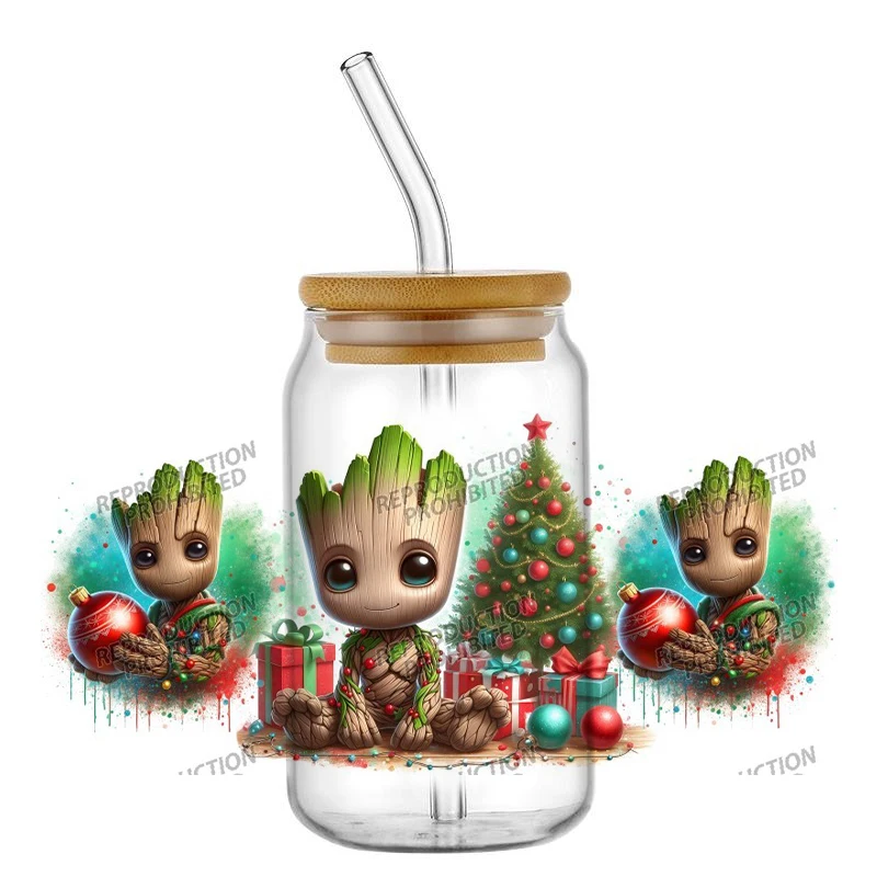 Miniso tema navideño Groot dibujos animados UV DTF pegatina para tazas de 16oz puede envolver pegatinas de transferencia etiquetas personalizadas logotipo DIY autoadhesivo