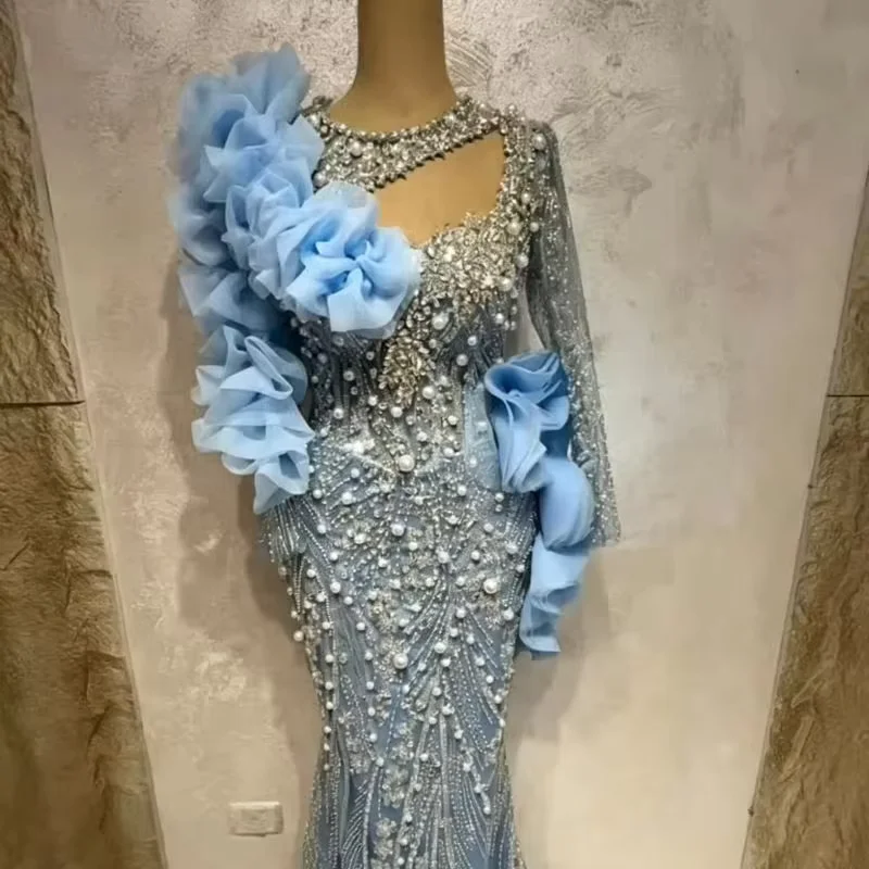 Sky Blue Long Sleeves Middle Eastern Evening Dresses Luxury Beaded Saudi Arabia Dubai Robe De Soiree Prom Dress Gown Customized