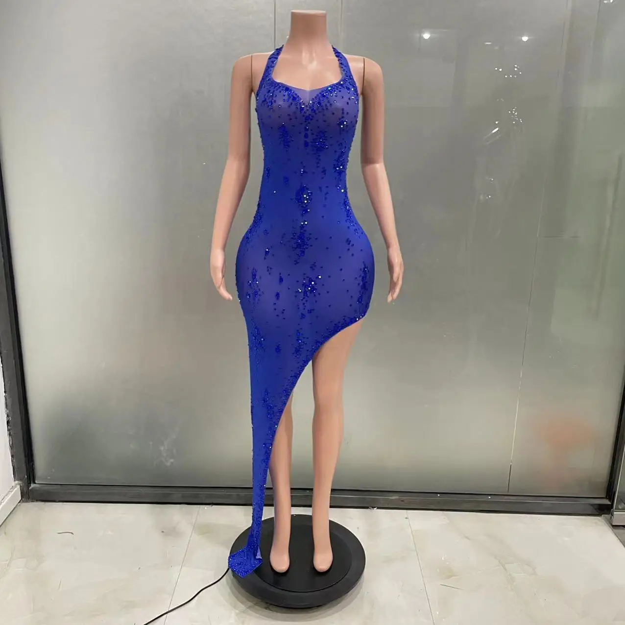 STOCK New Design Sexy Blue Rhinestones High Split Transparent Dress Women Evening Birthday Celebrate Chains Outfit Nightclub