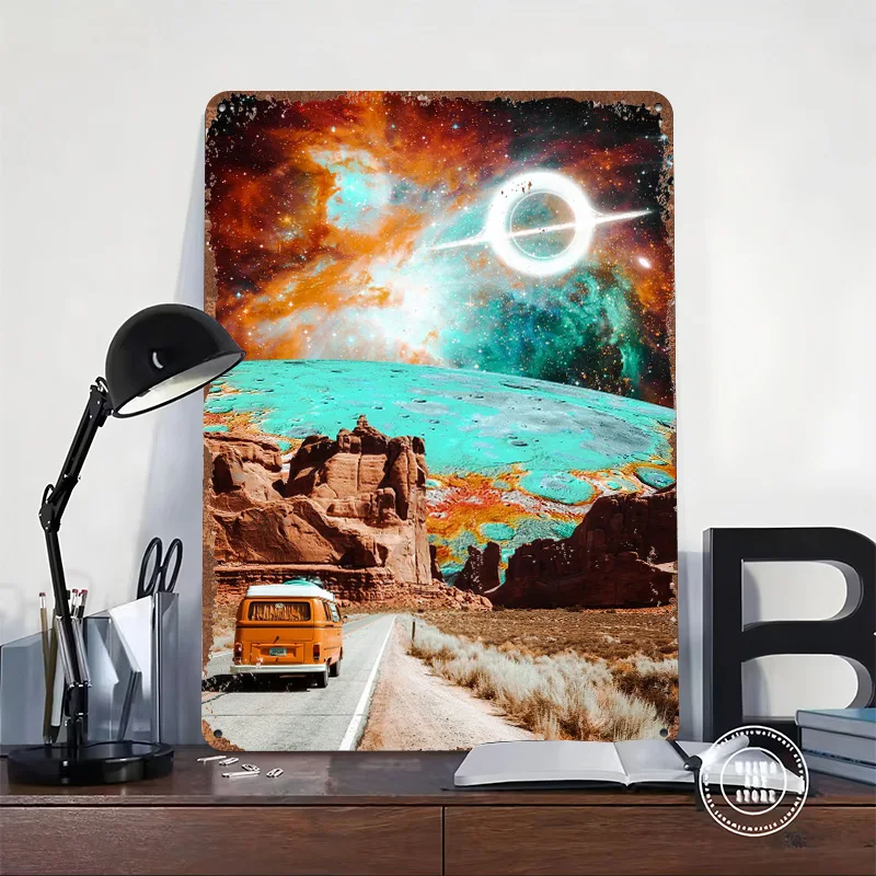Van Explore Trippy World Printed Poster Customized Wall Art Retro Vintage Metal Tin Signs for Decoration Garage Decorations Home